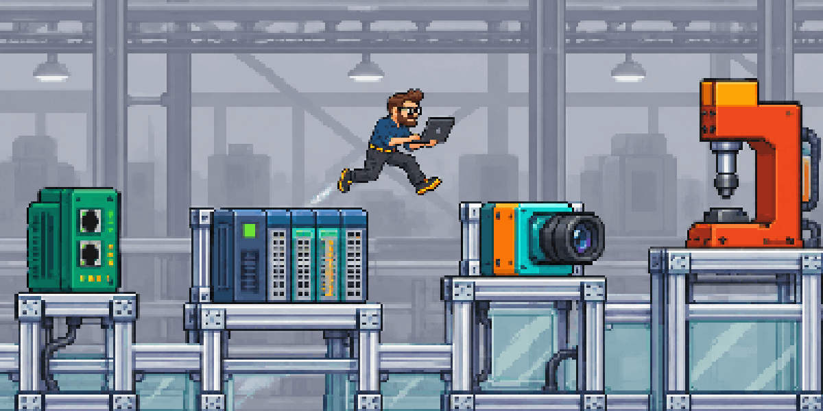Scène de jeu de plateforme en pixel art : le freelance saute avec son ordinateur entre une passerelle, un automate, une caméra et une riveteuse, sur une structure en profilés aluminium devant un atelier gris.