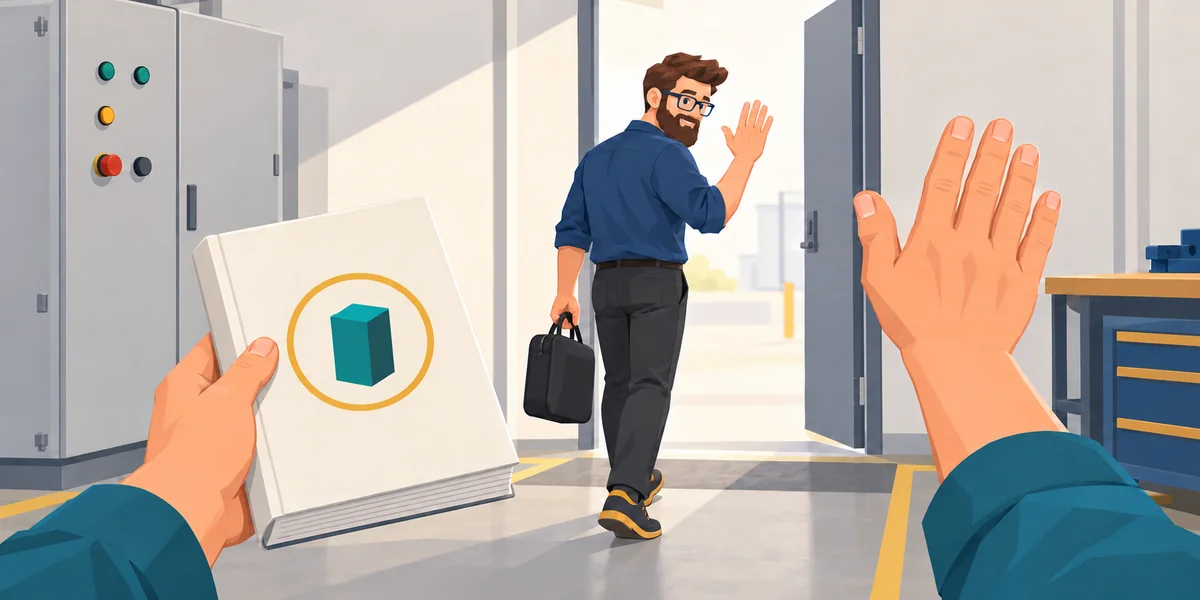 Du point de vue du technicien du site : le guide reste dans sa main gauche tandis qu’il salue le freelance, qui quitte l’atelier en lui faisant au revoir.